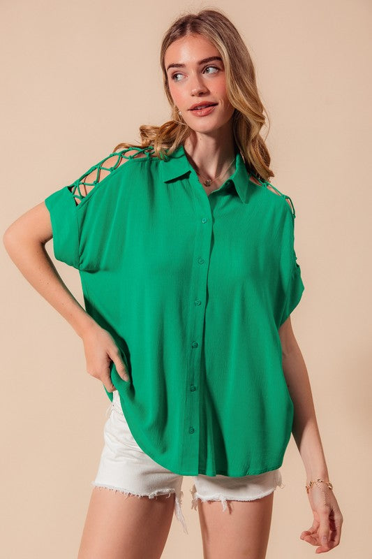 Lace It Up Button Down - Jade