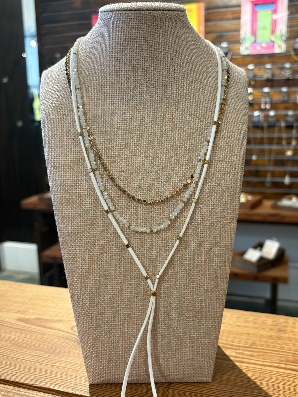 Triple Layer White & Gold Necklace