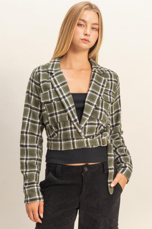 Belted Plaid Cropped Jacket - Olive