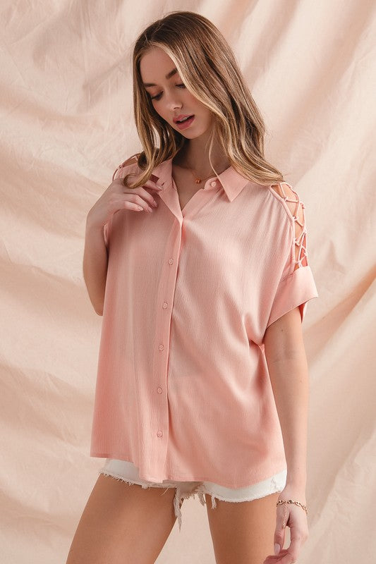 Lace It Up Button Down - Blush