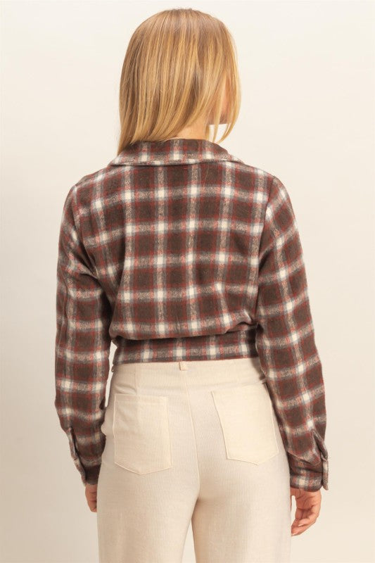 Belted Plaid Cropped Jacket - Brown