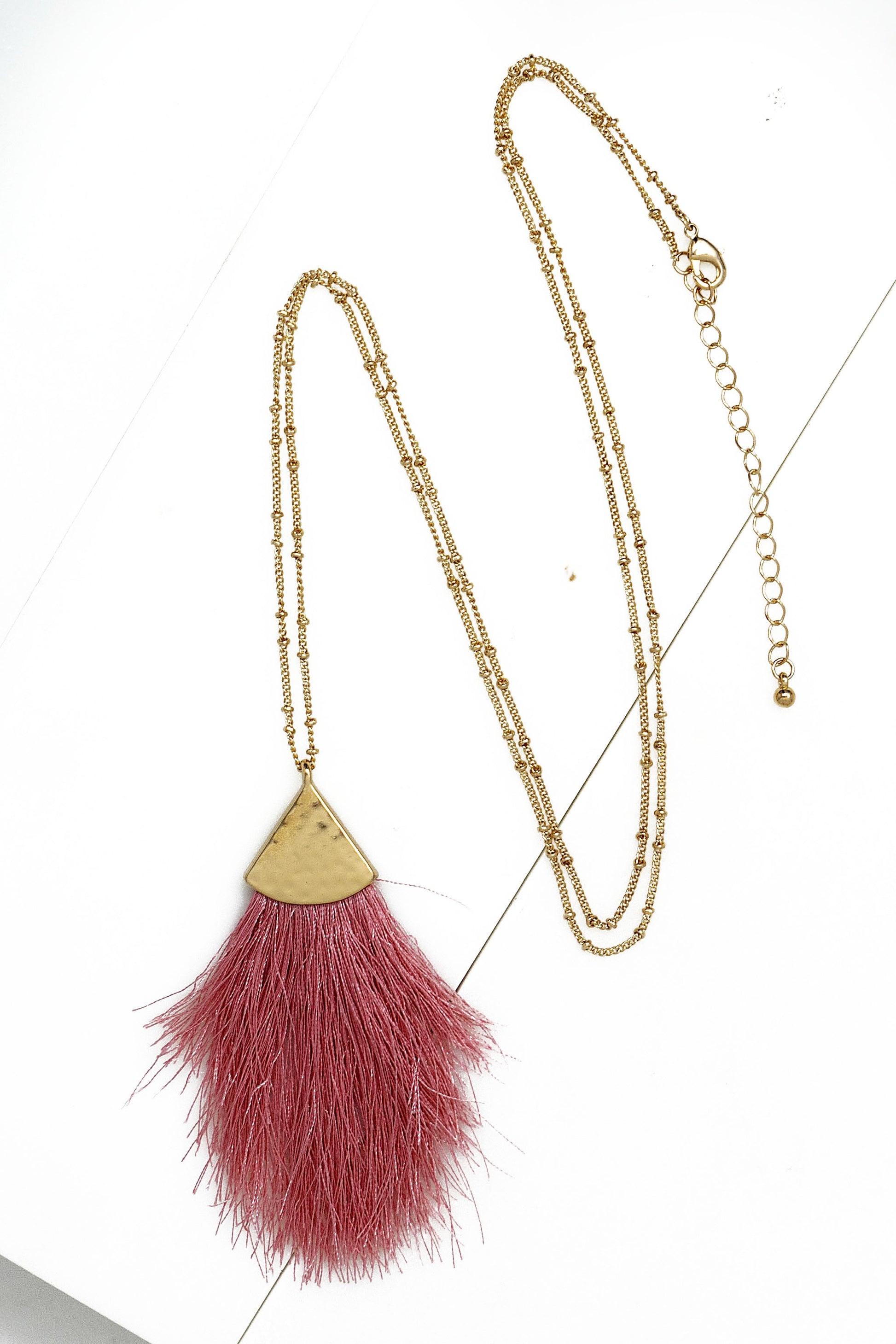 Pink Fan Tassel Hammered Necklace