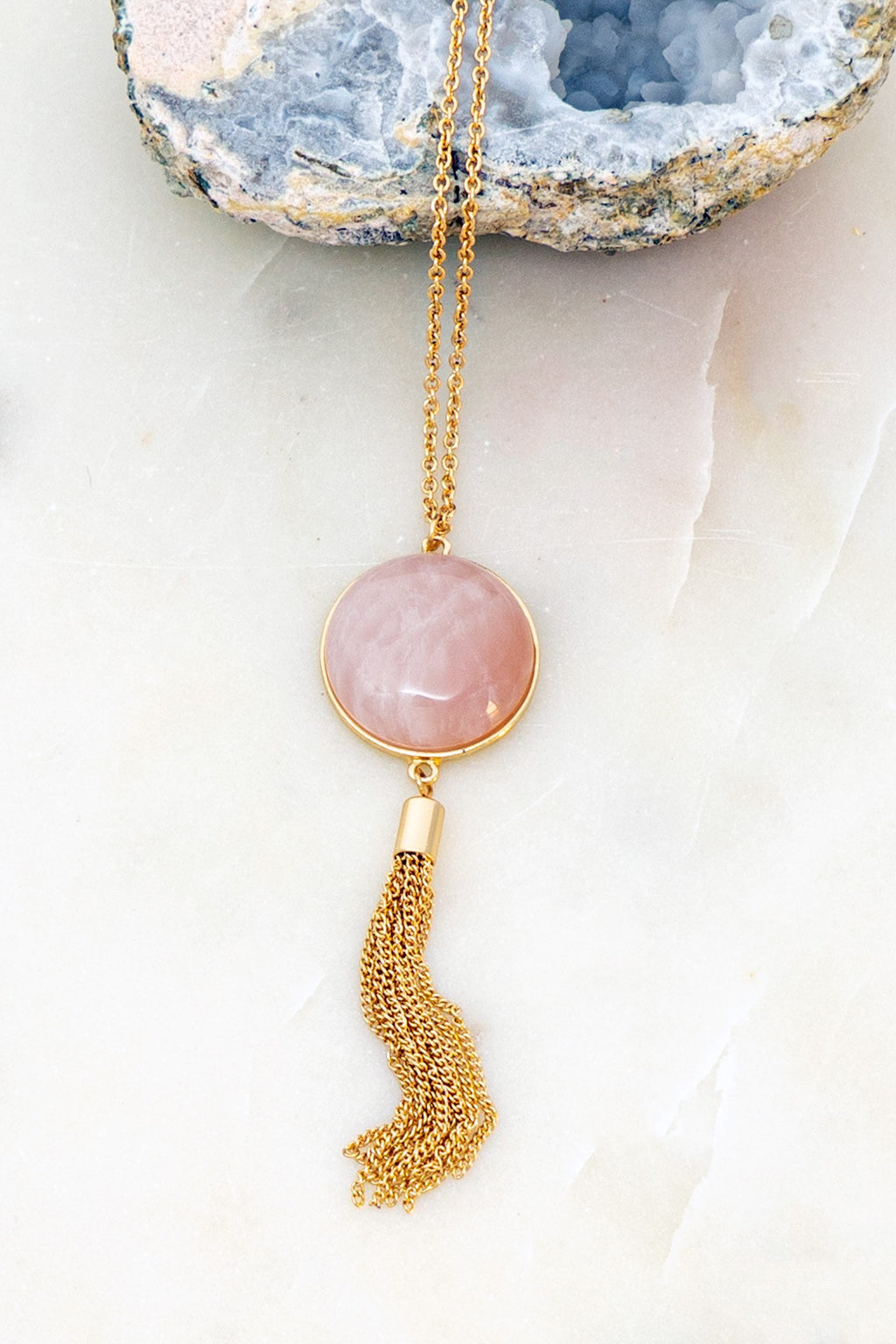 Round Stone Pendant With Chain Tassel Necklace