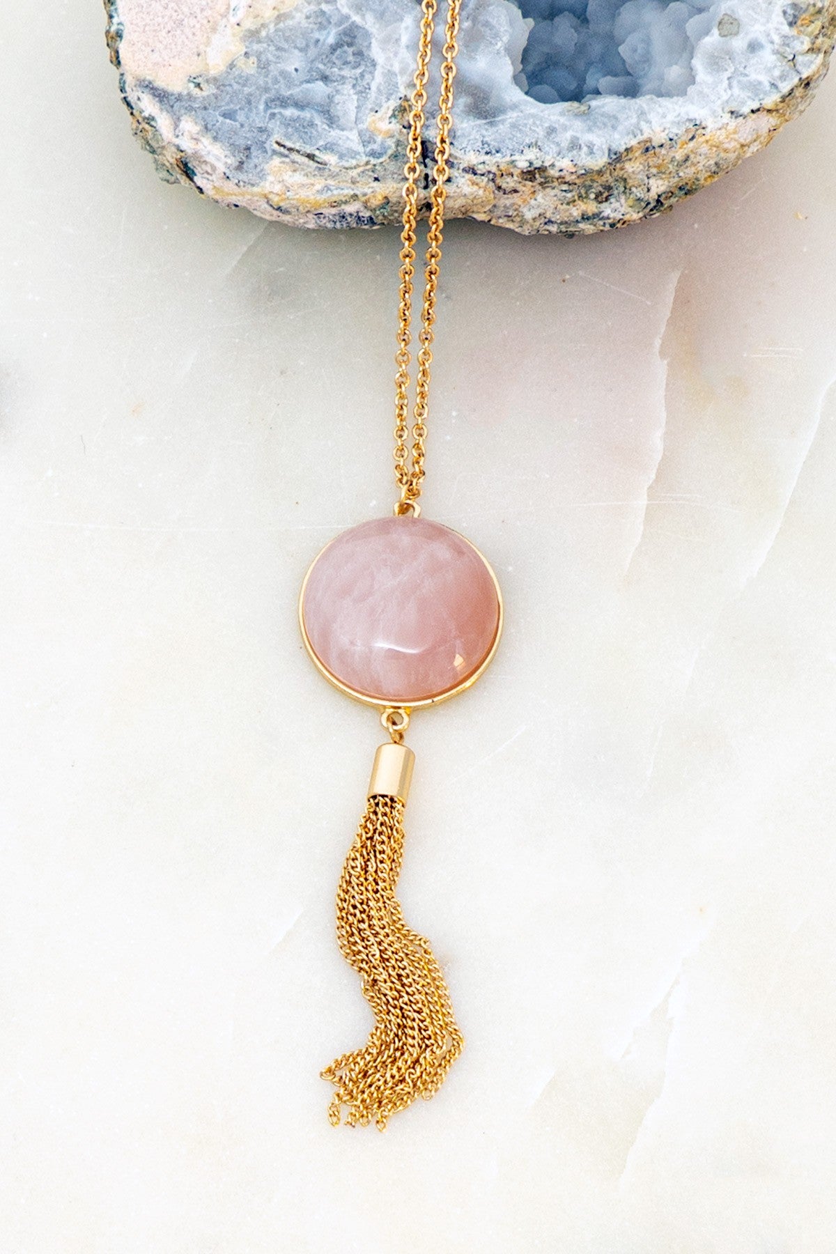 Round Stone Pendant With Chain Tassel Necklace