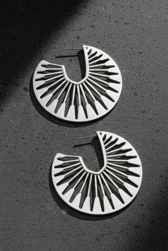 Silver Radiant Fan Cutout Hoop Earrings