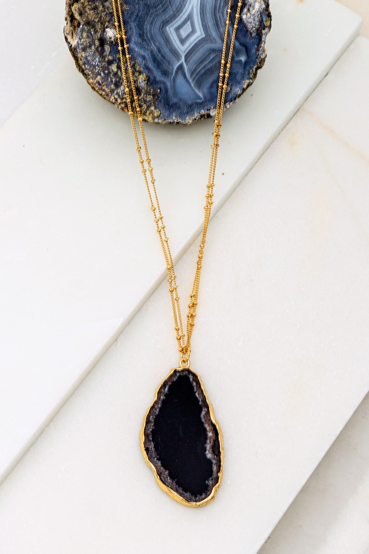 Double Chain Black Agate Stone Necklace
