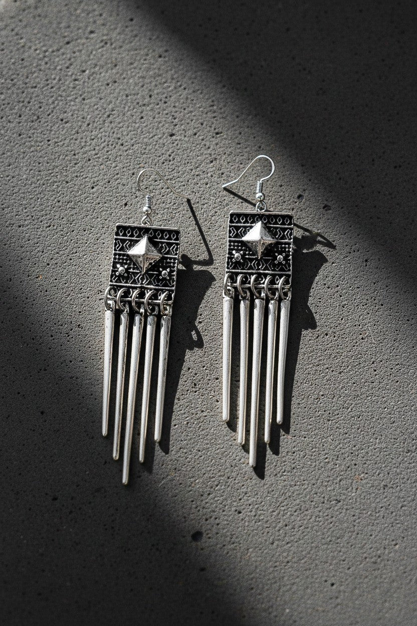 Boho Etched Square With Stick Drops Earrings