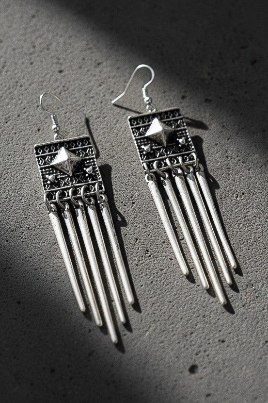 Boho Etched Square With Stick Drops Earrings