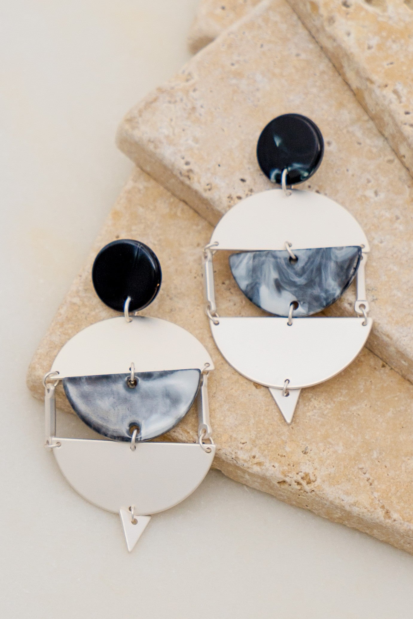 Silver Halfmoon Casting And Tie Dye Resin Linked Earrings