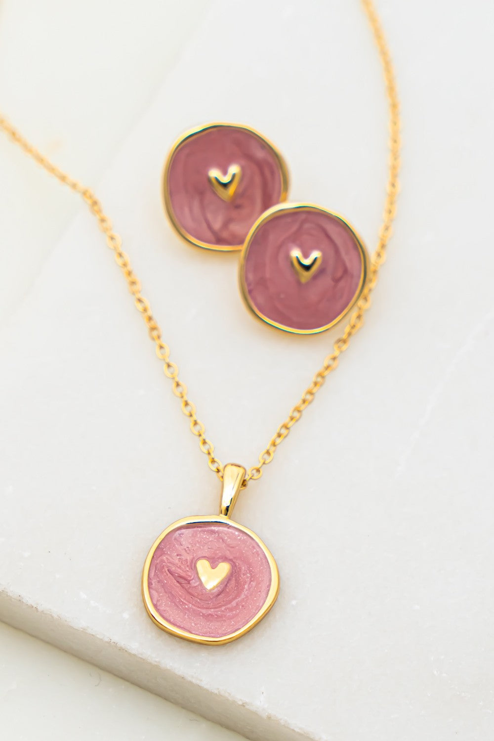 Pink Heart Coin Necklace And Earrings Set