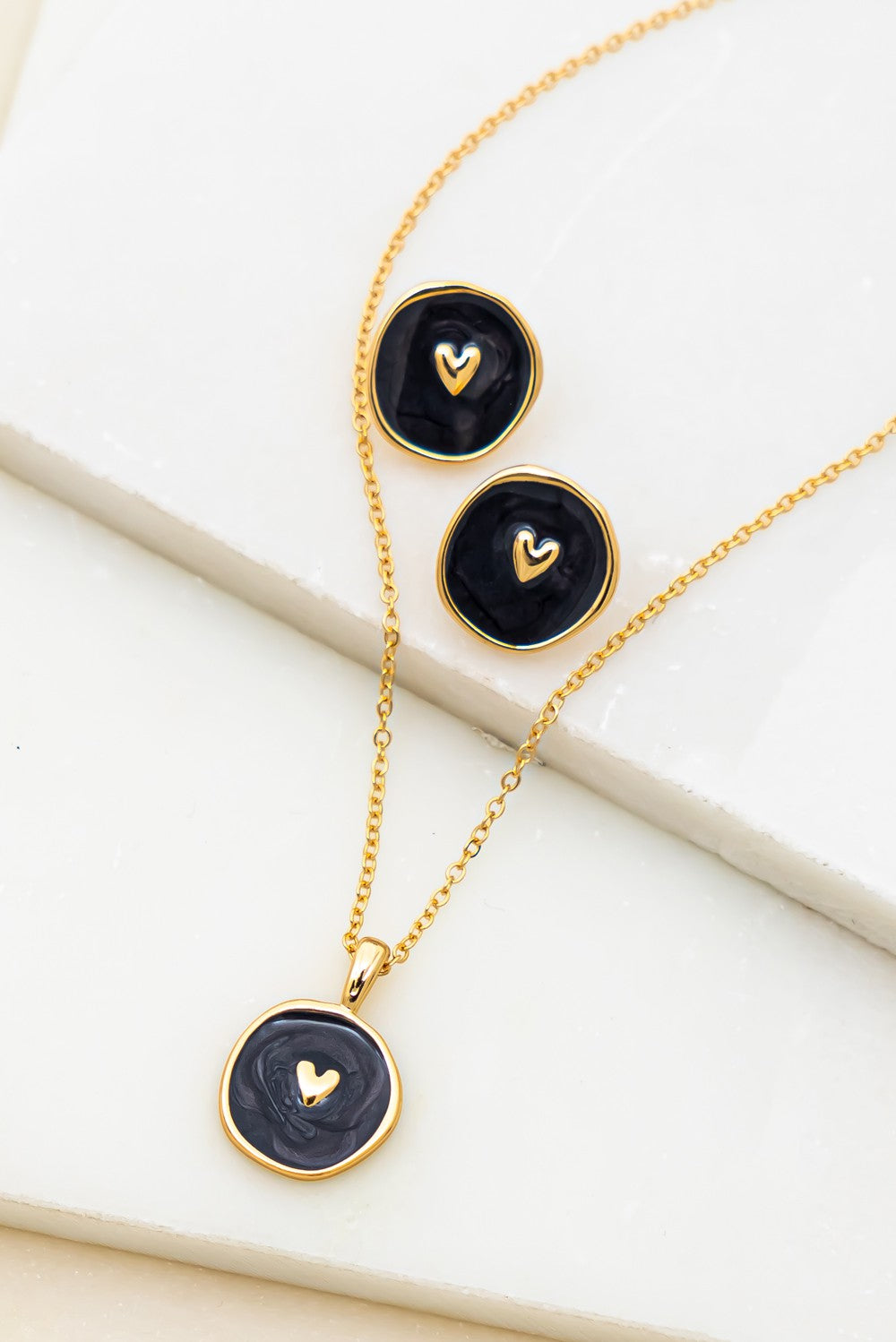 Black Heart Coin Necklace And Earrings Set