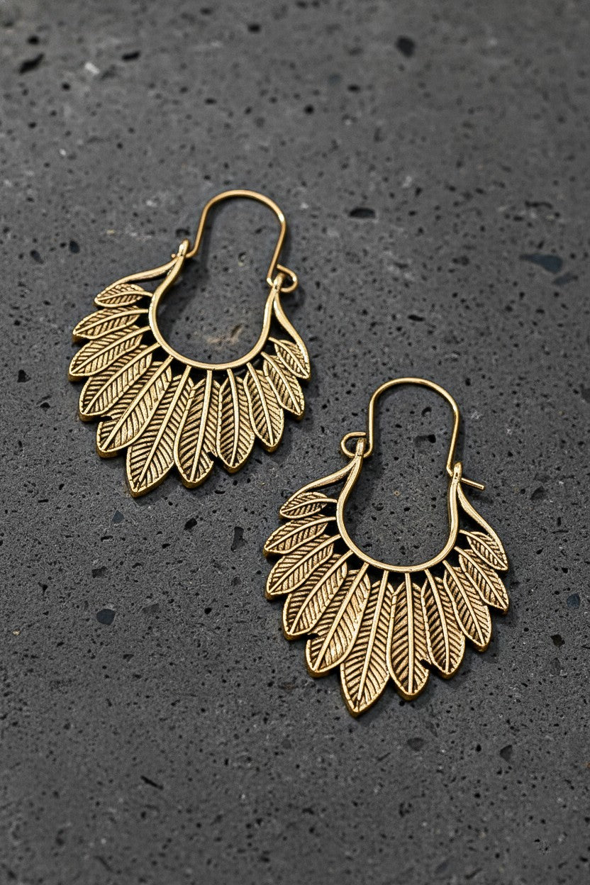 Gold Boho Fan Shape Feather Drop Earrings
