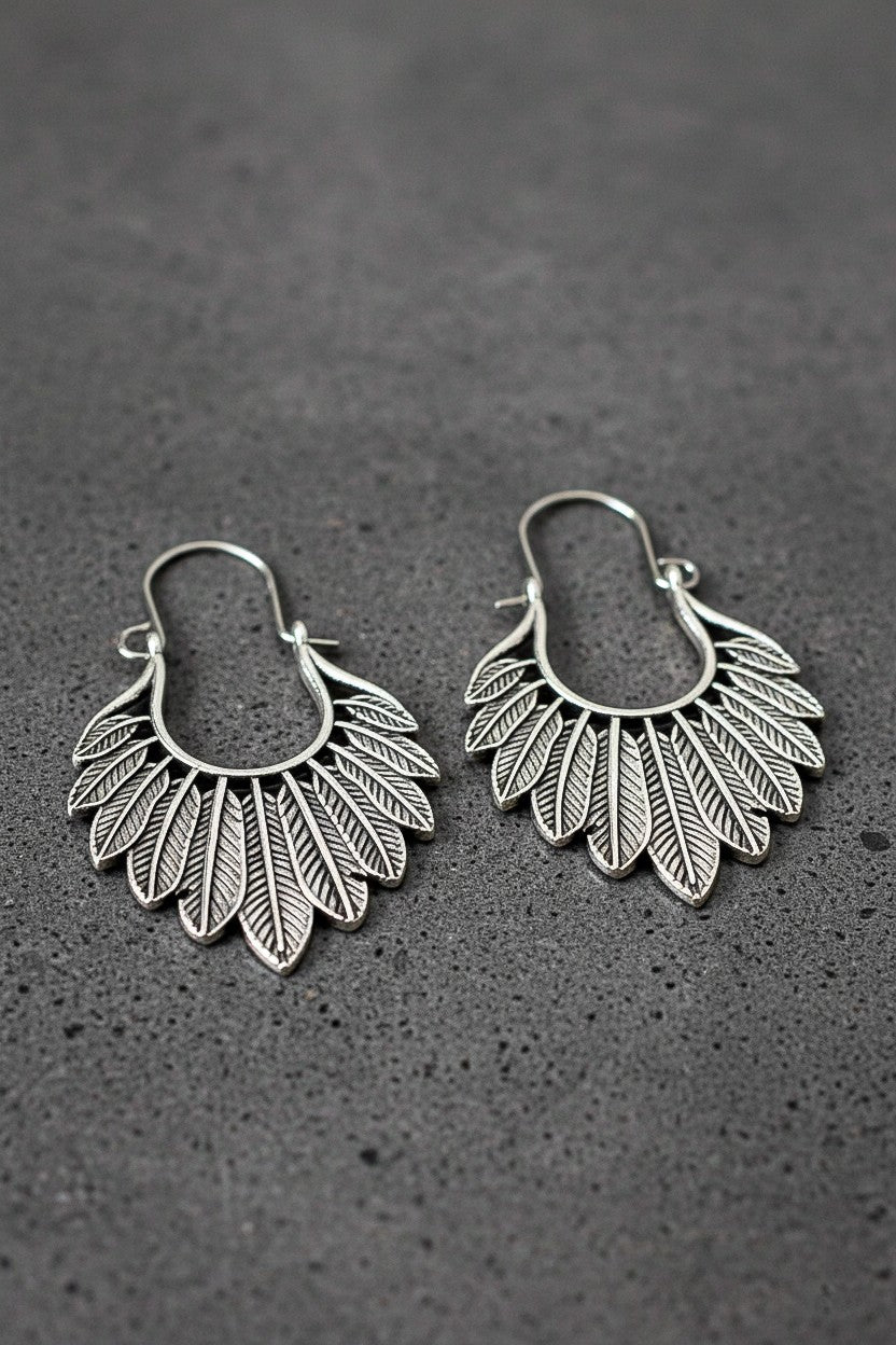 Silver Boho Fan Shape Feather Drop Earrings