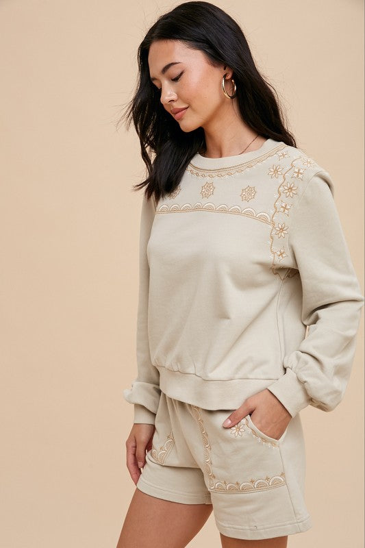 Oleander Embroidered Lounge Set - Oatmeal