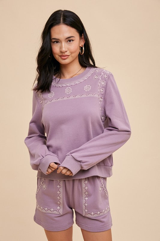 Oleander Embroidered Lounge Set - Lavender