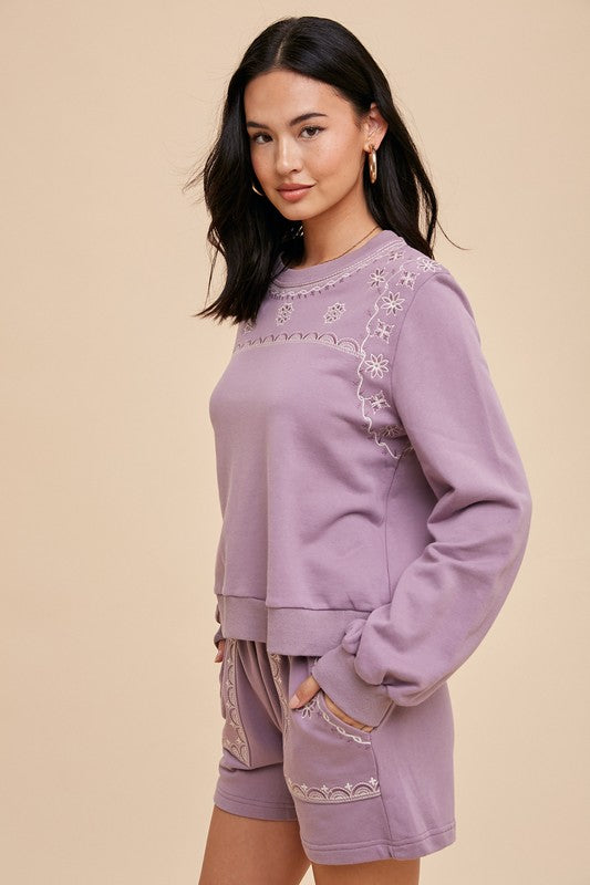 Oleander Embroidered Lounge Set - Lavender