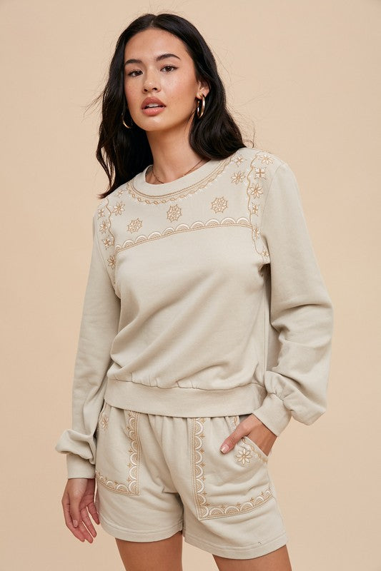 Oleander Embroidered Lounge Set - Oatmeal