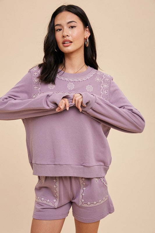 Oleander Embroidered Lounge Set - Lavender