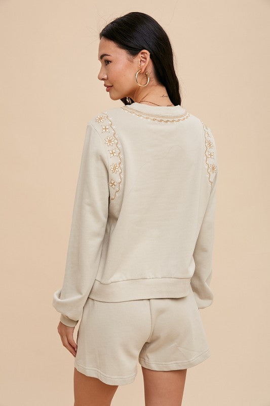 Oleander Embroidered Lounge Set - Oatmeal