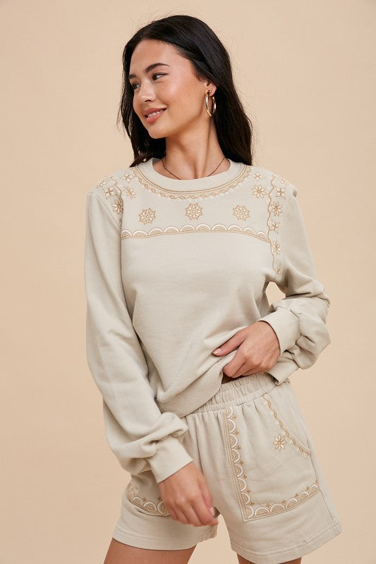 Oleander Embroidered Lounge Set - Oatmeal