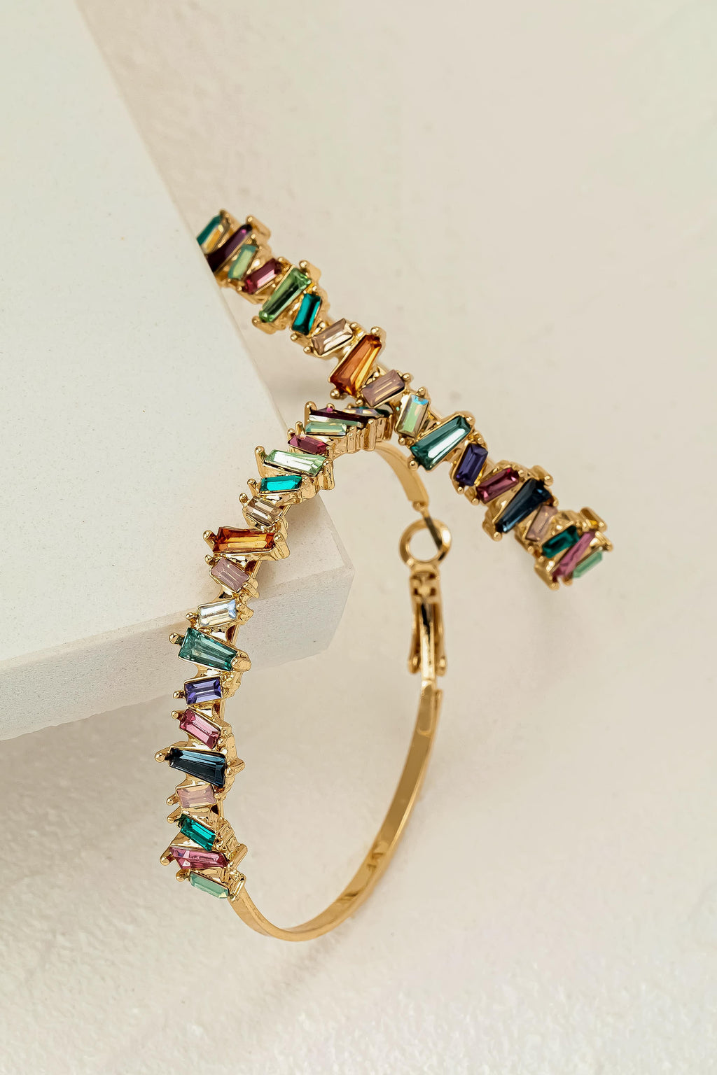 Multi Color Baguette Cut Rhinestone Hoop Earrings