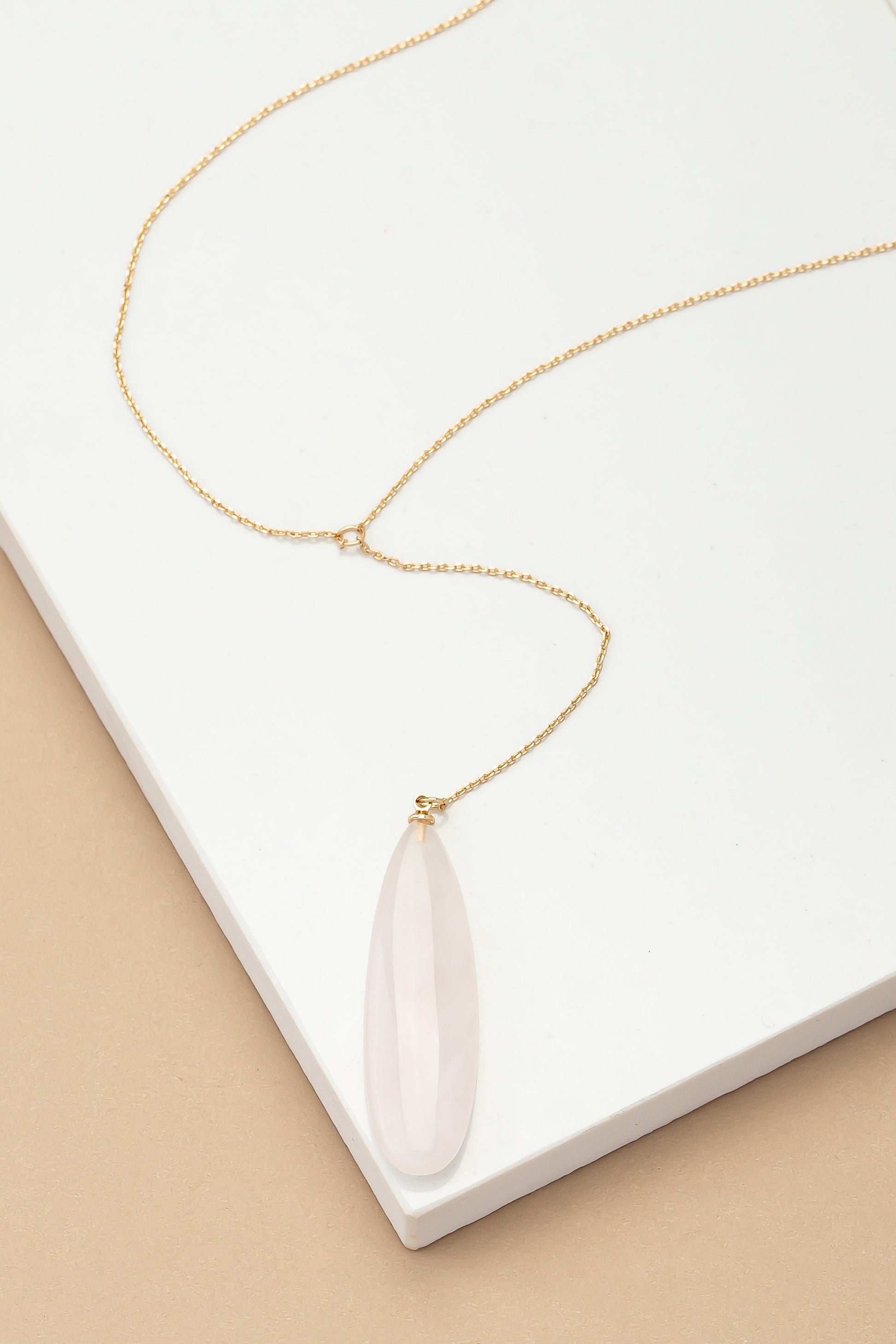 Rose Quartz Oval Natural Stone Pendant Y Shape Necklace
