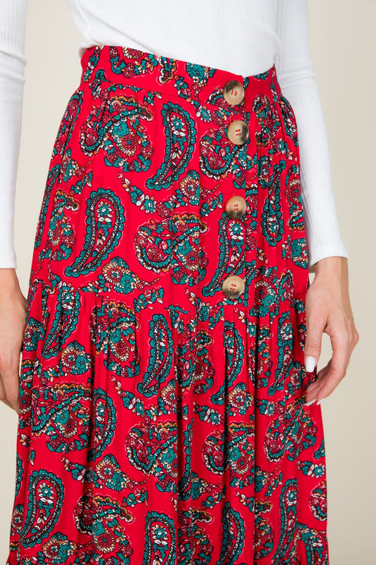 Paisley Button Skirt - Red