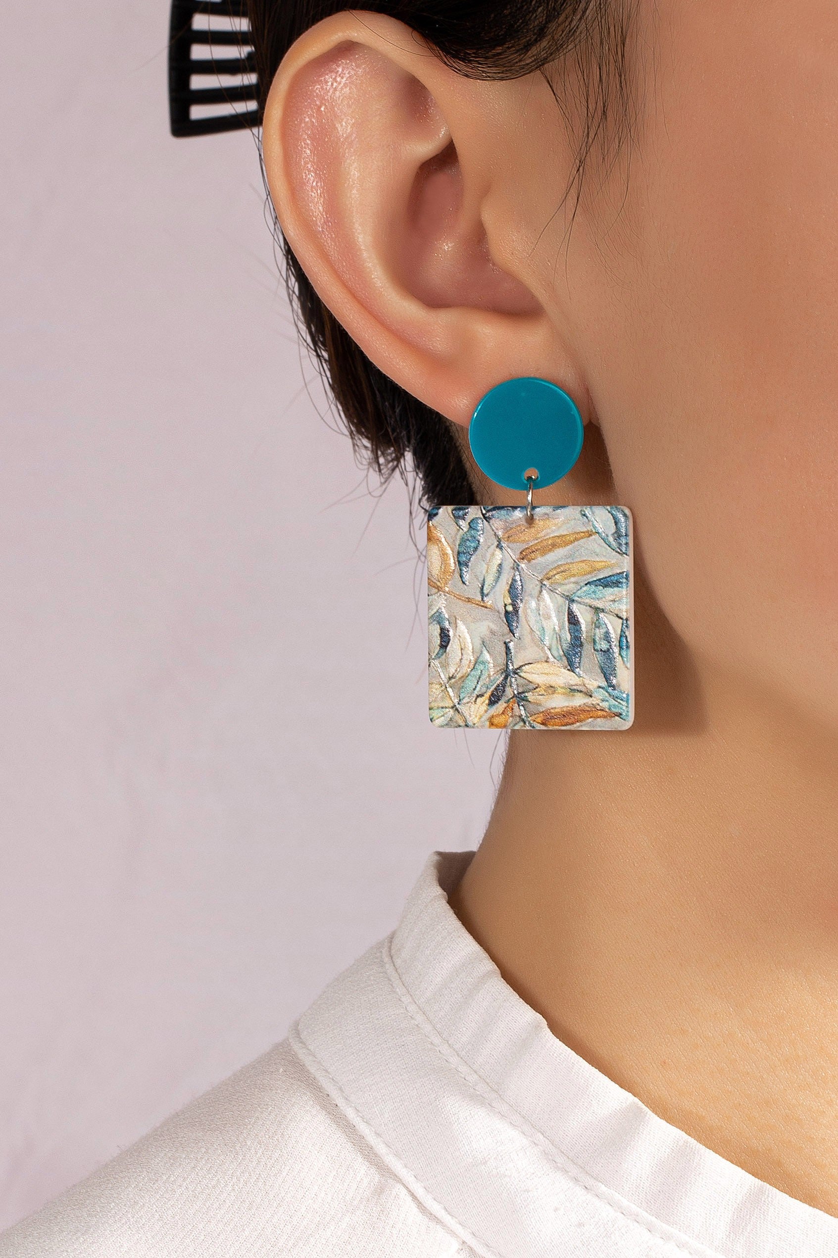 Square Drop Earrings With Painting Of Leaves