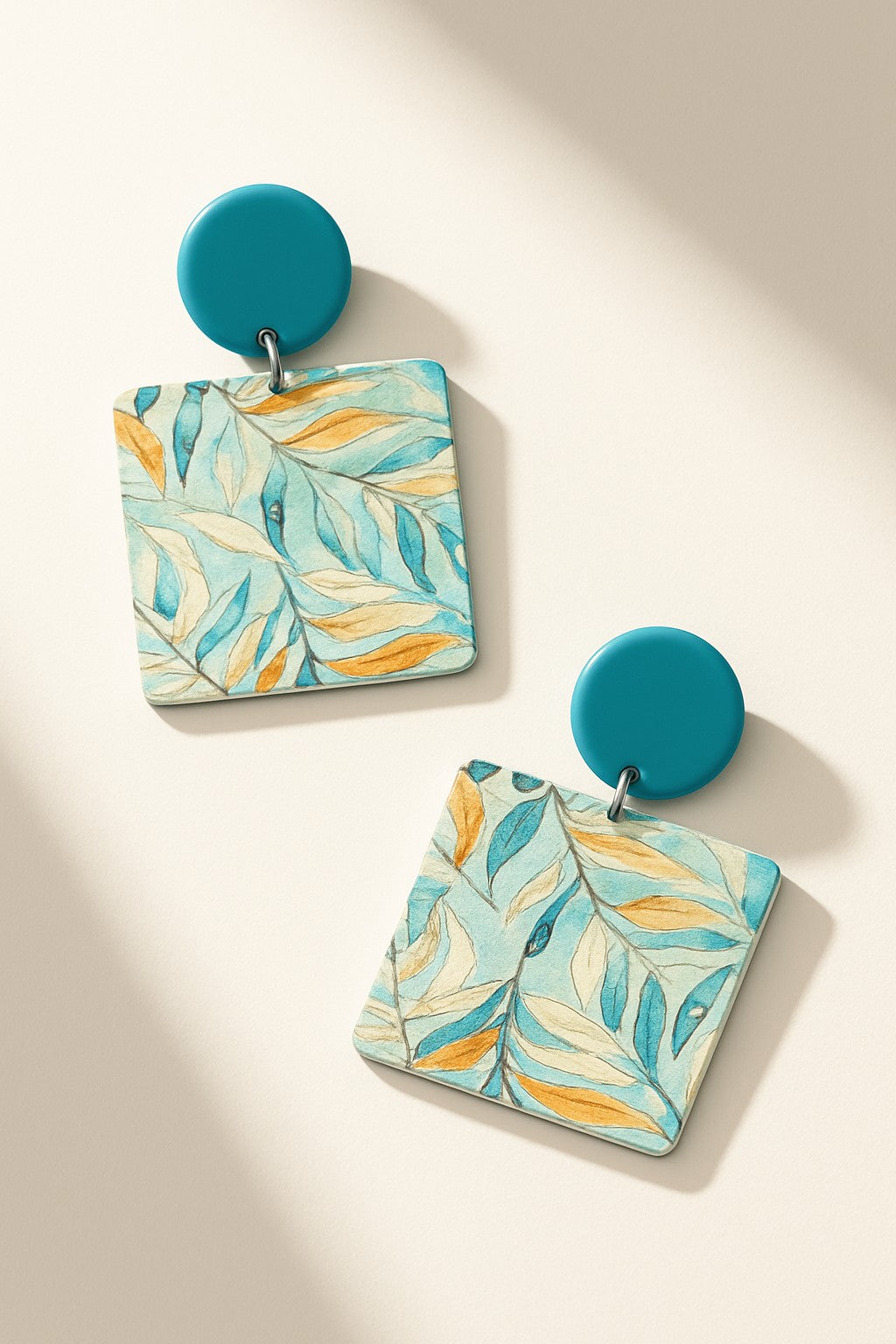Square Drop Earrings With Painting Of Leaves
