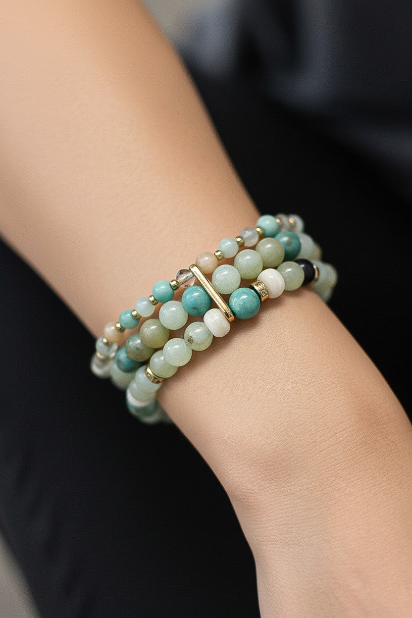 Green 3 Row Bead Stretch Bracelet
