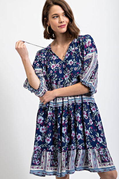 Peasant Dress - Navy