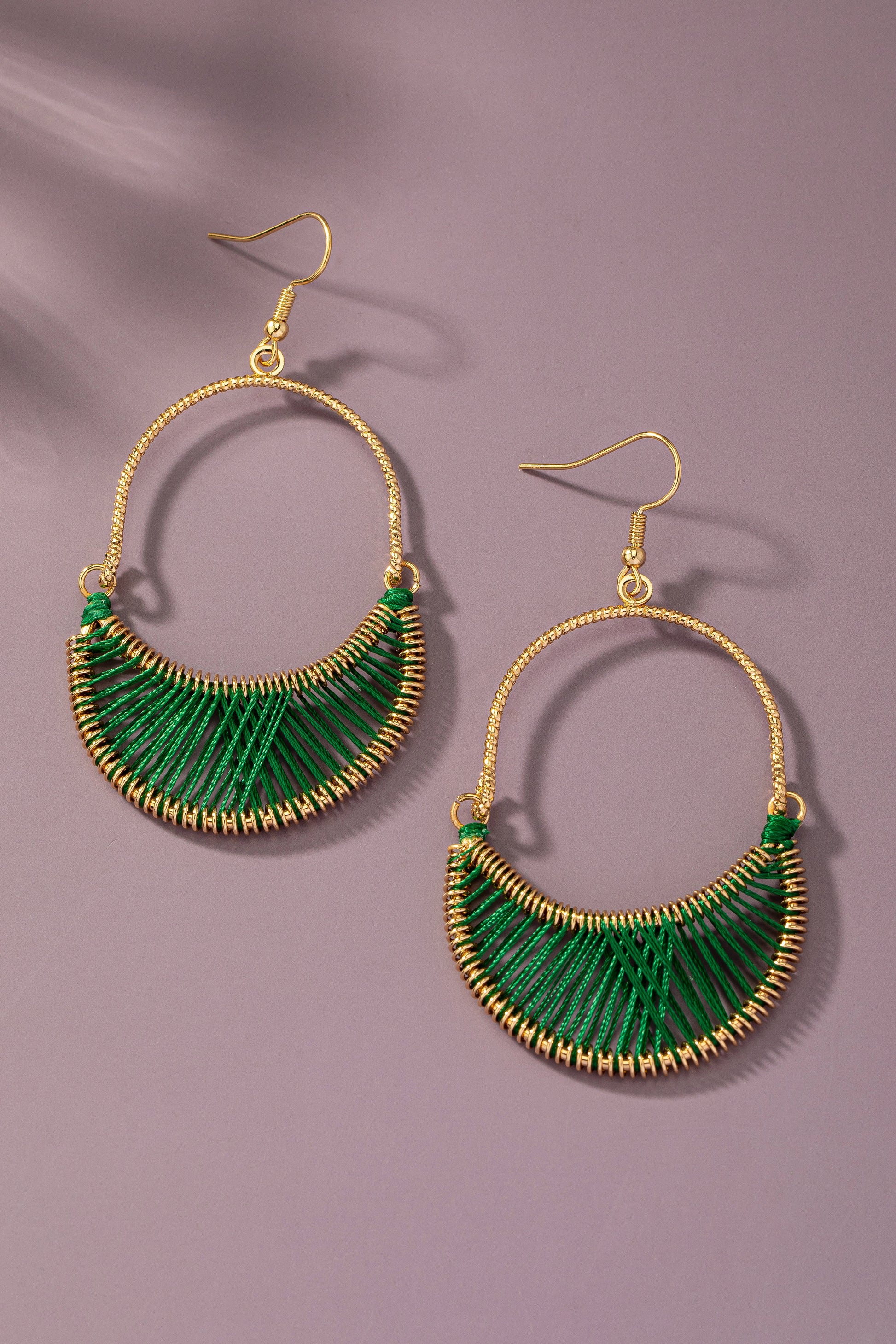 Thread Woven Crescent Hoop Drop Earrings