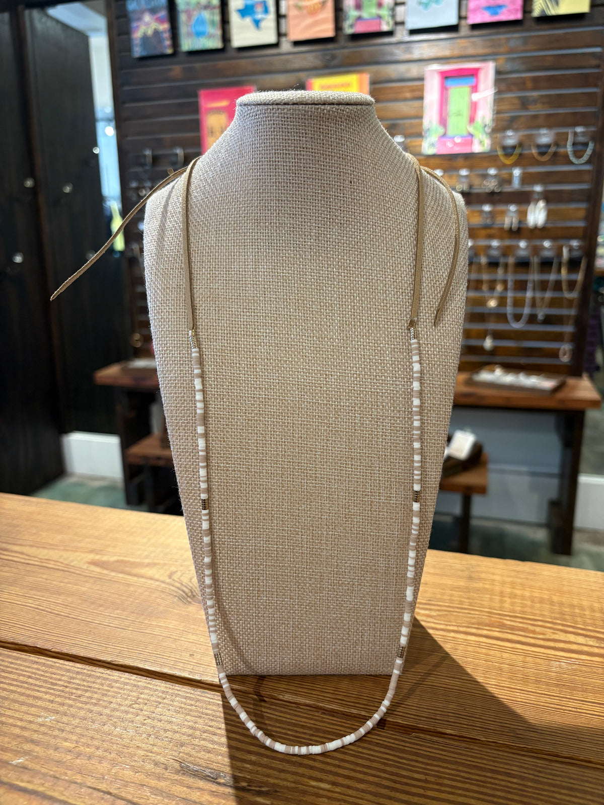 Tan leather and White Seed Bead Necklace
