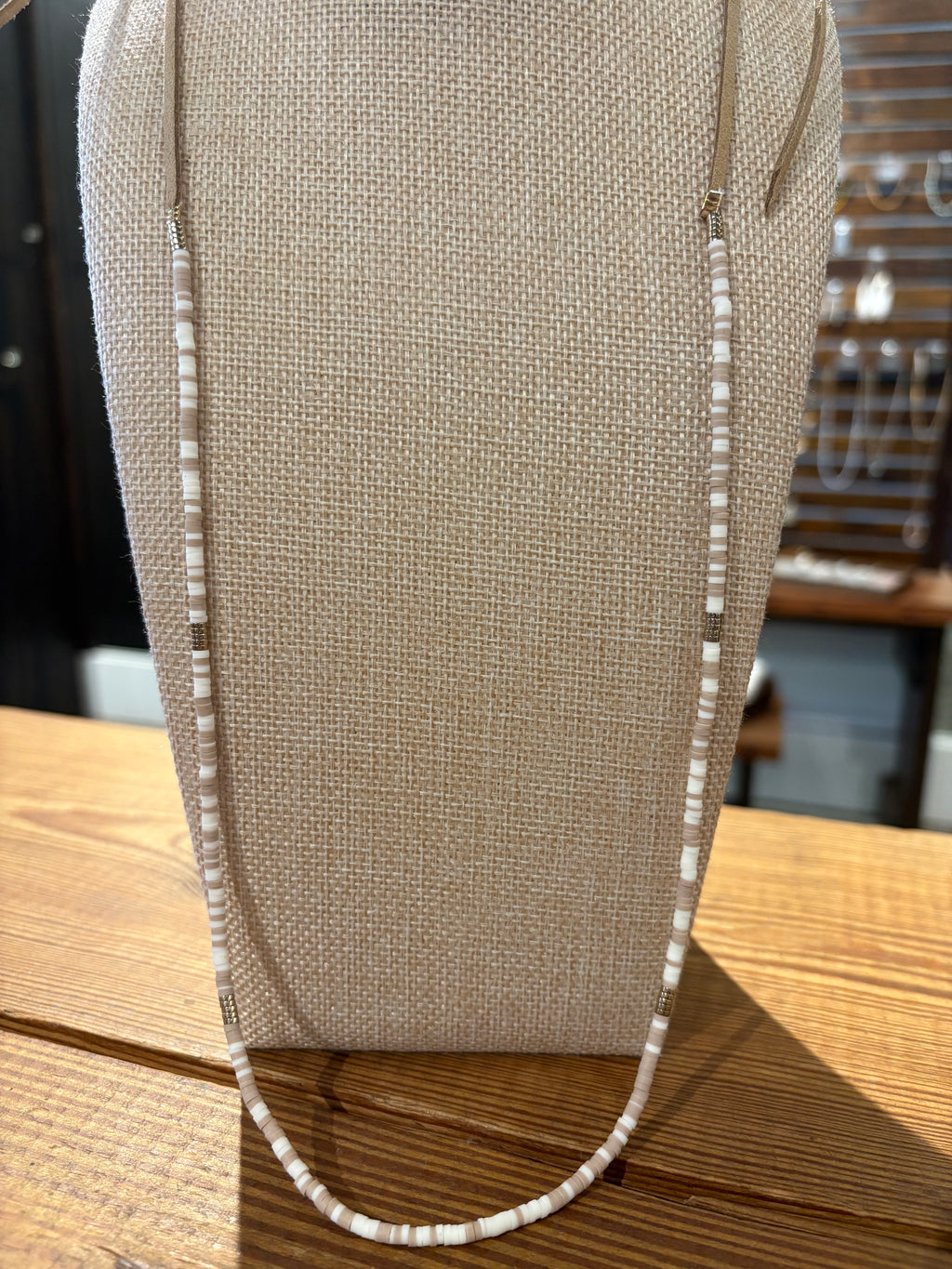 Tan leather and White Seed Bead Necklace