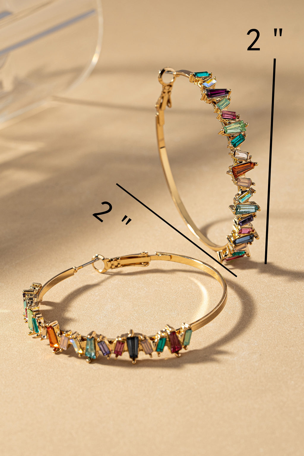 Multi Color Baguette Cut Rhinestone Hoop Earrings