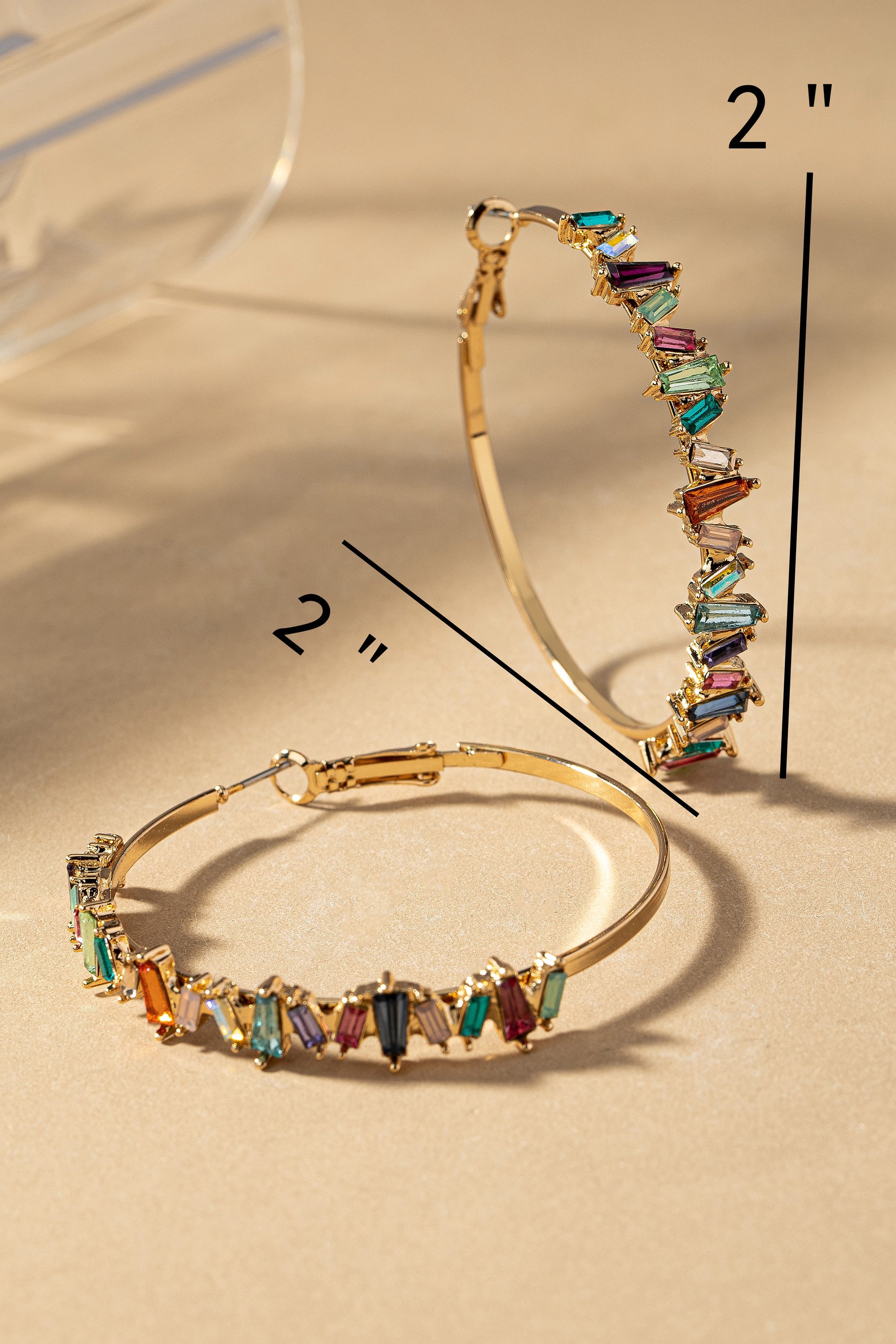 Multi Color Baguette Cut Rhinestone Hoop Earrings
