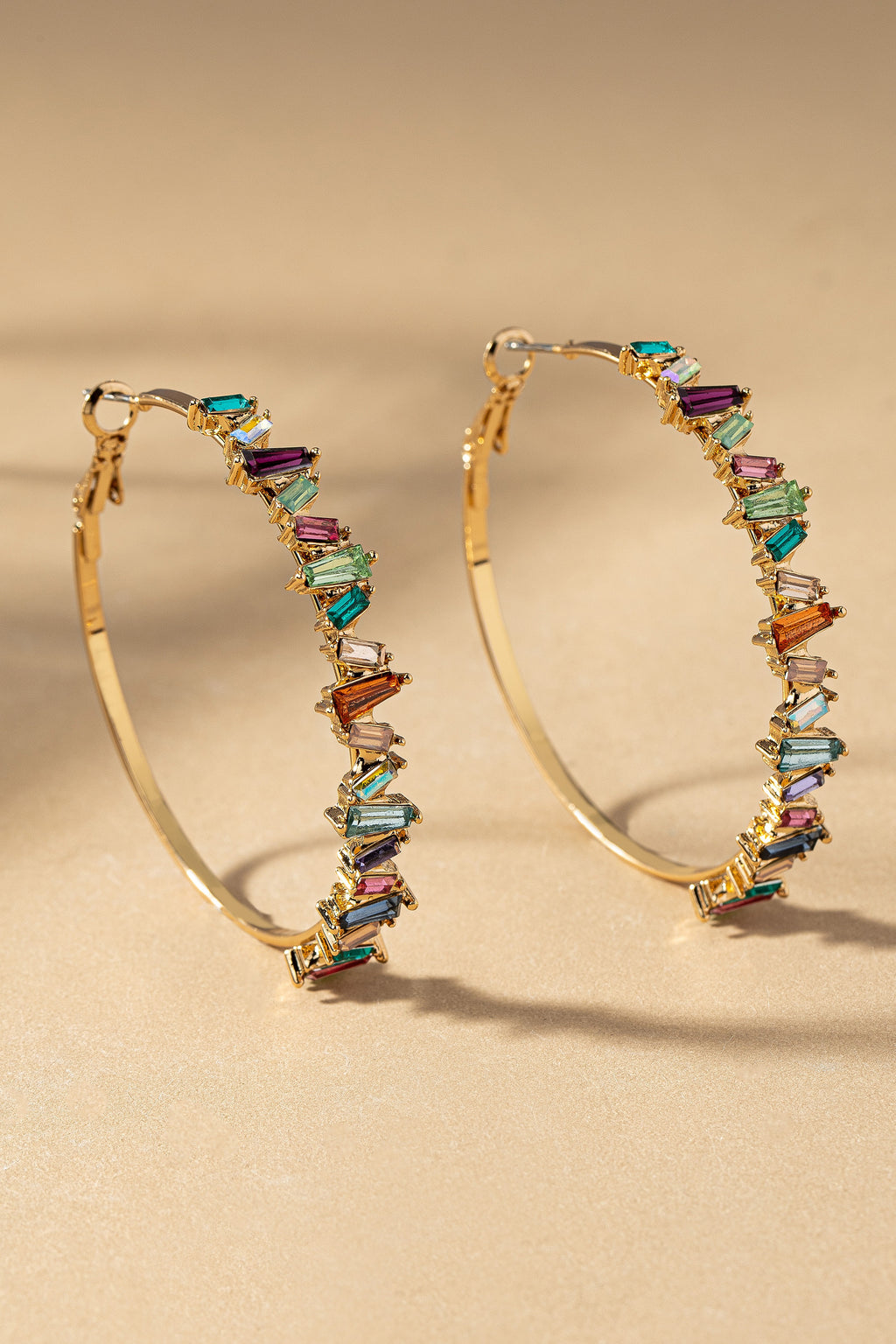 Multi Color Baguette Cut Rhinestone Hoop Earrings