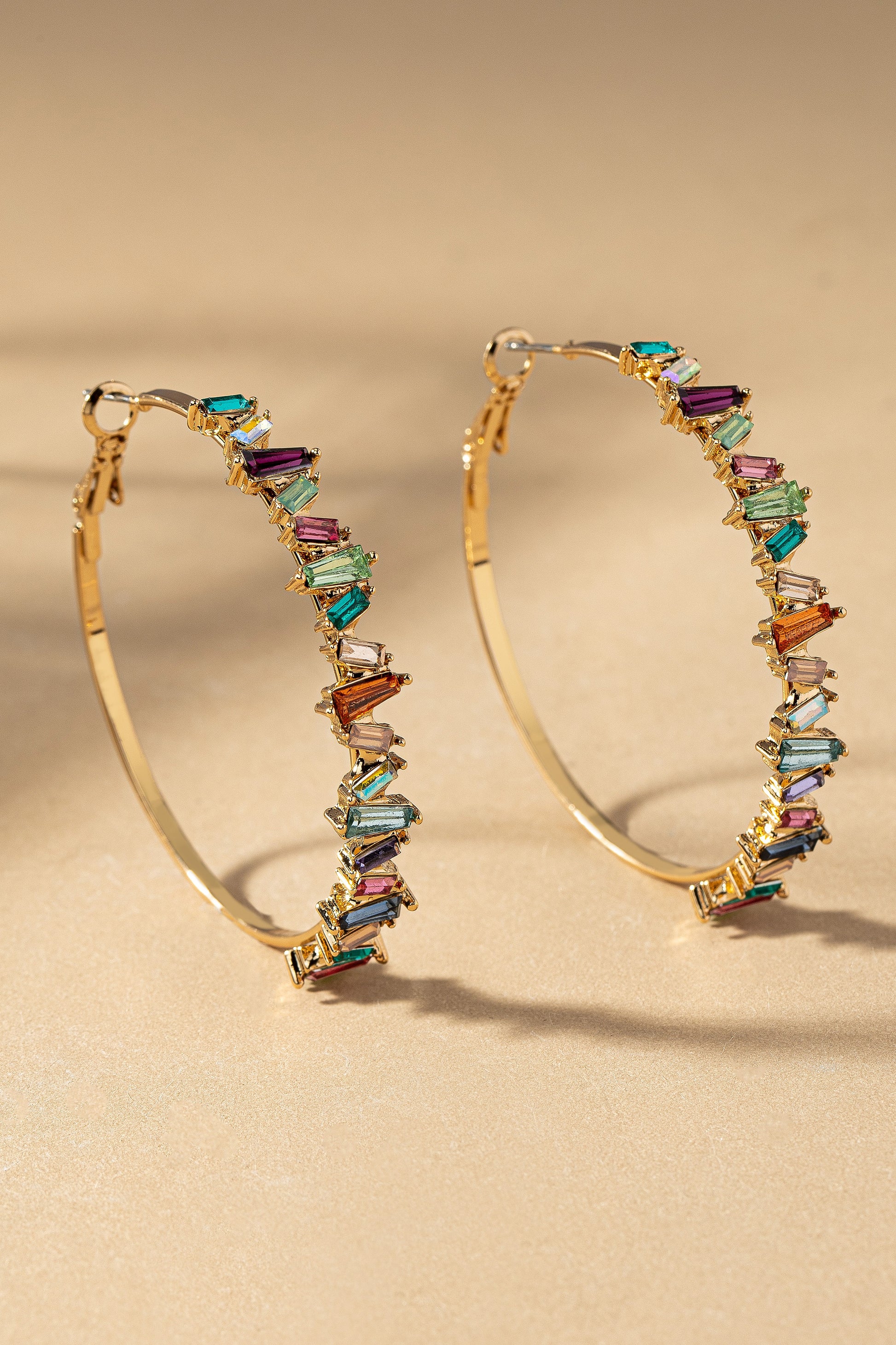 Multi Color Baguette Cut Rhinestone Hoop Earrings