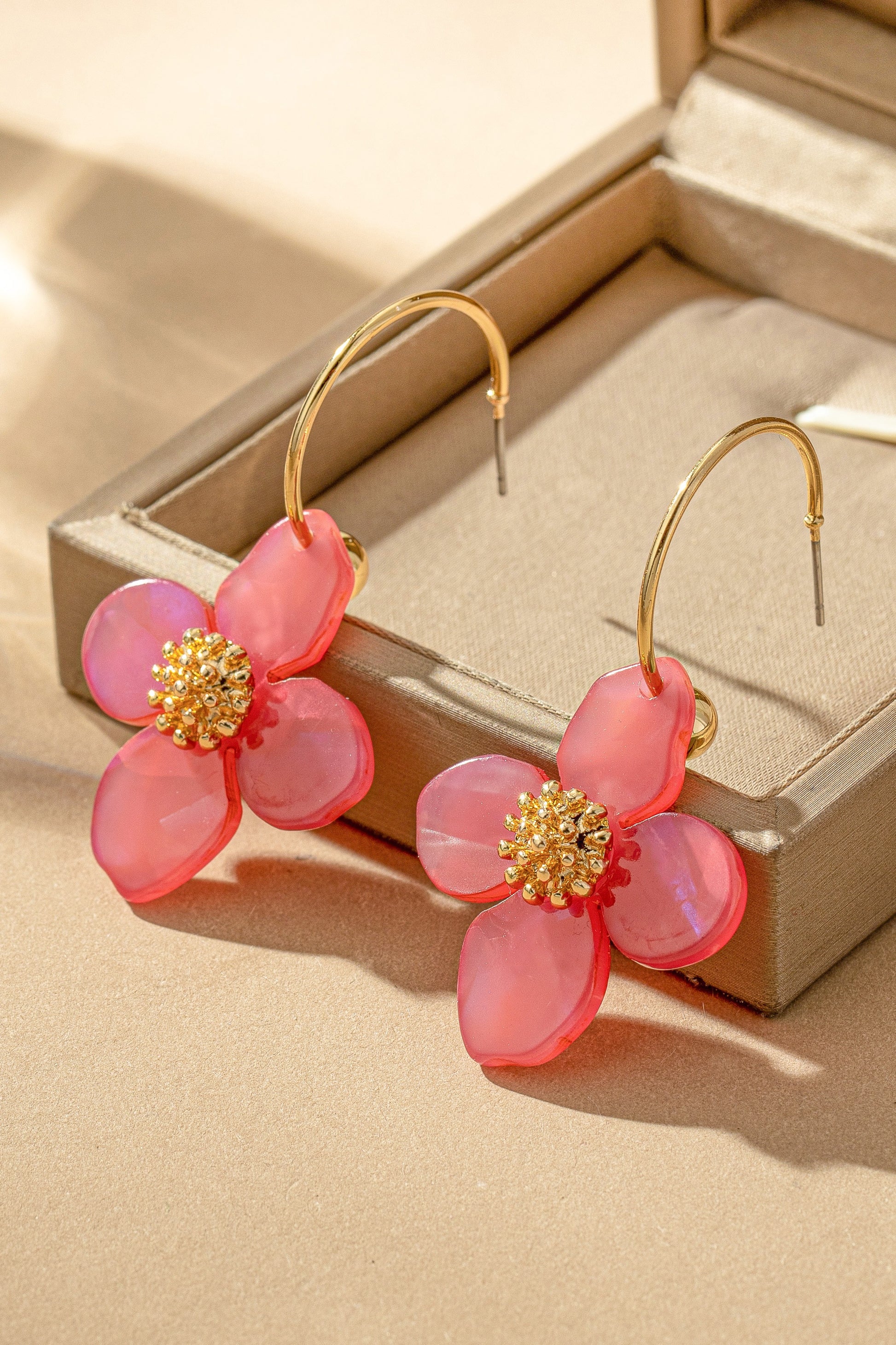 Red Skinny Hoop With Flower Drop Earrings