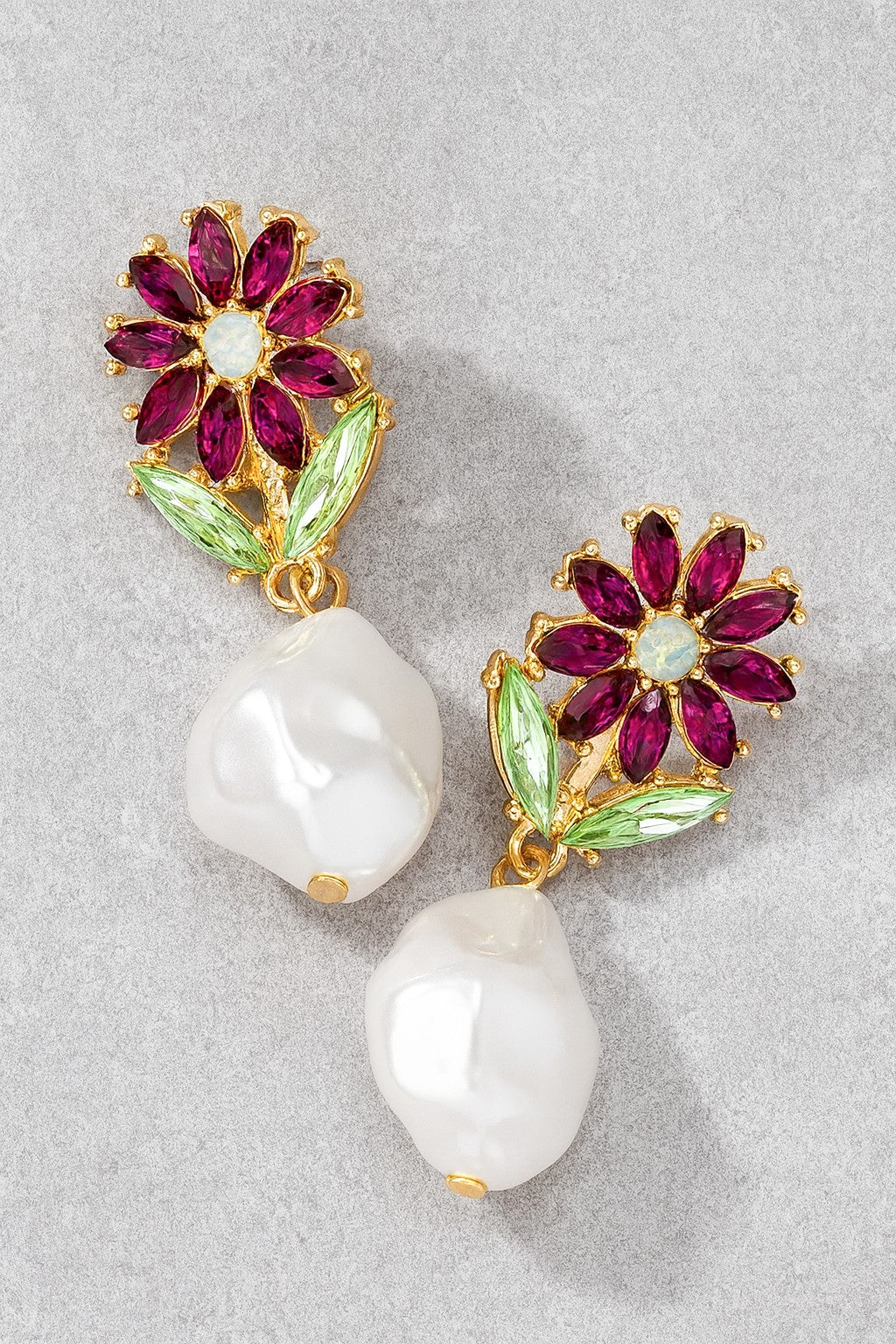 Glass Flower Earrings With Irregular Pearl Drop