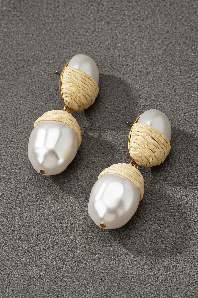 Pearl Drop Earrings Wrapped In Raffia Straw