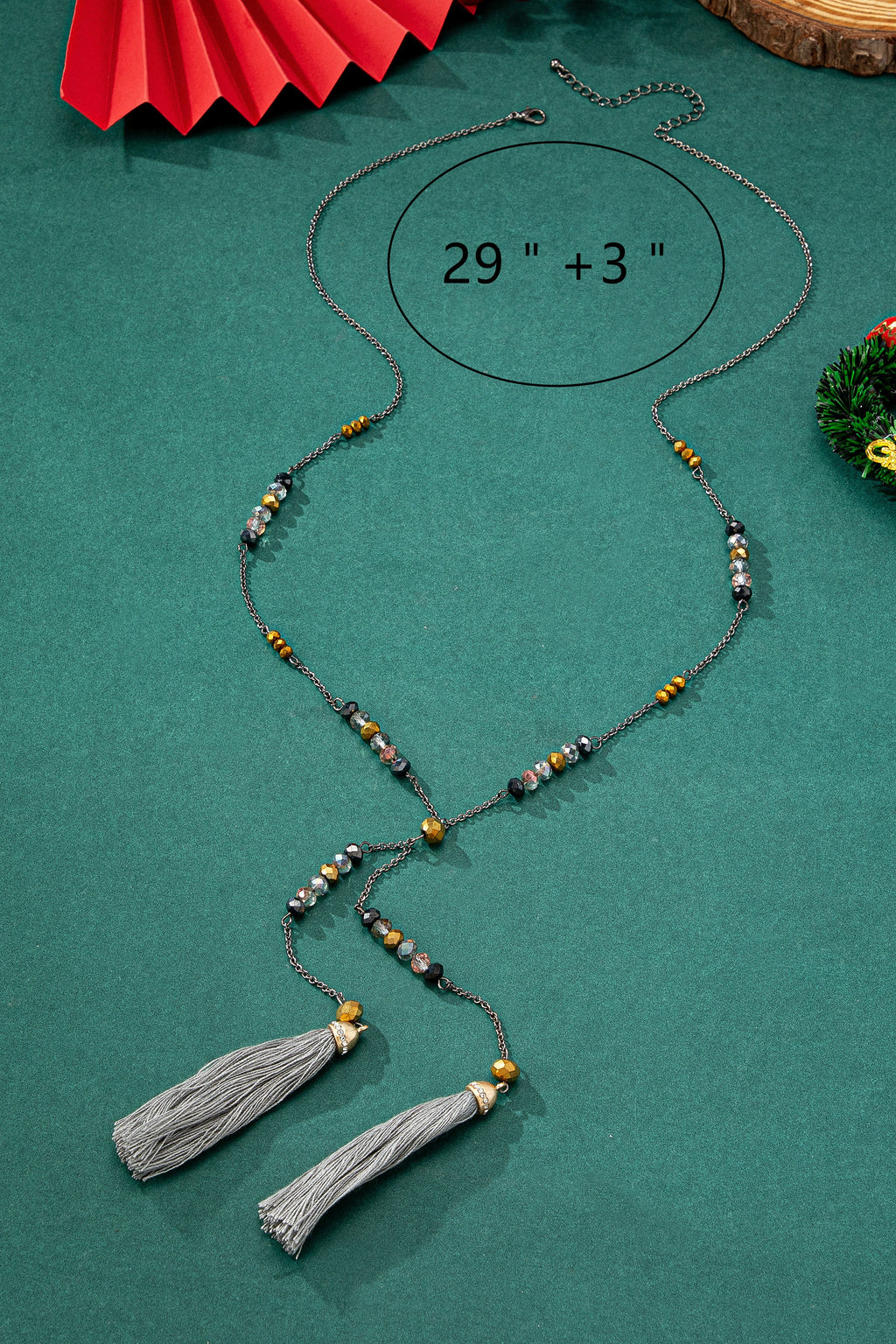 Long Beaded Necklace With Grey Tassels