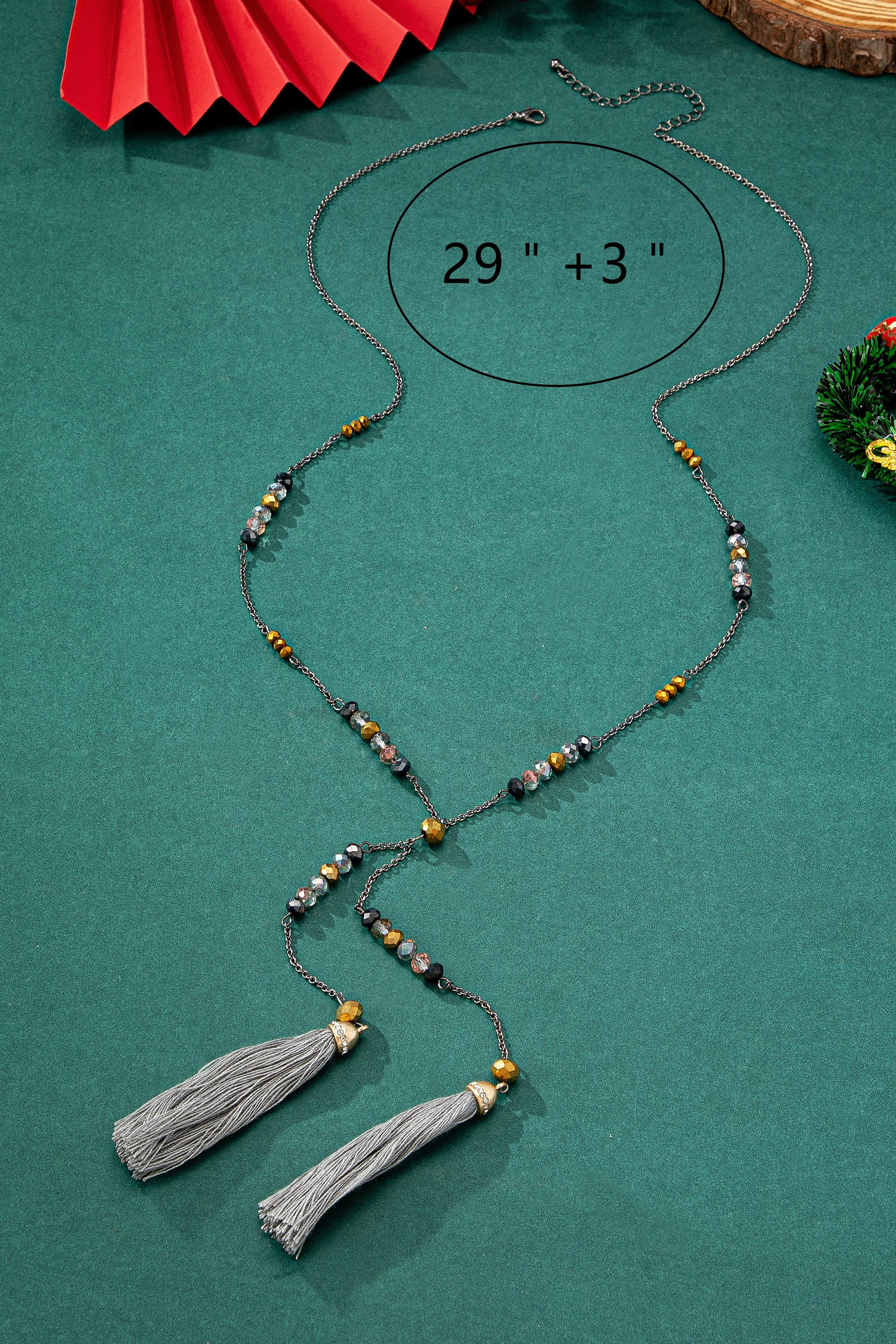Long Beaded Necklace With Grey Tassels