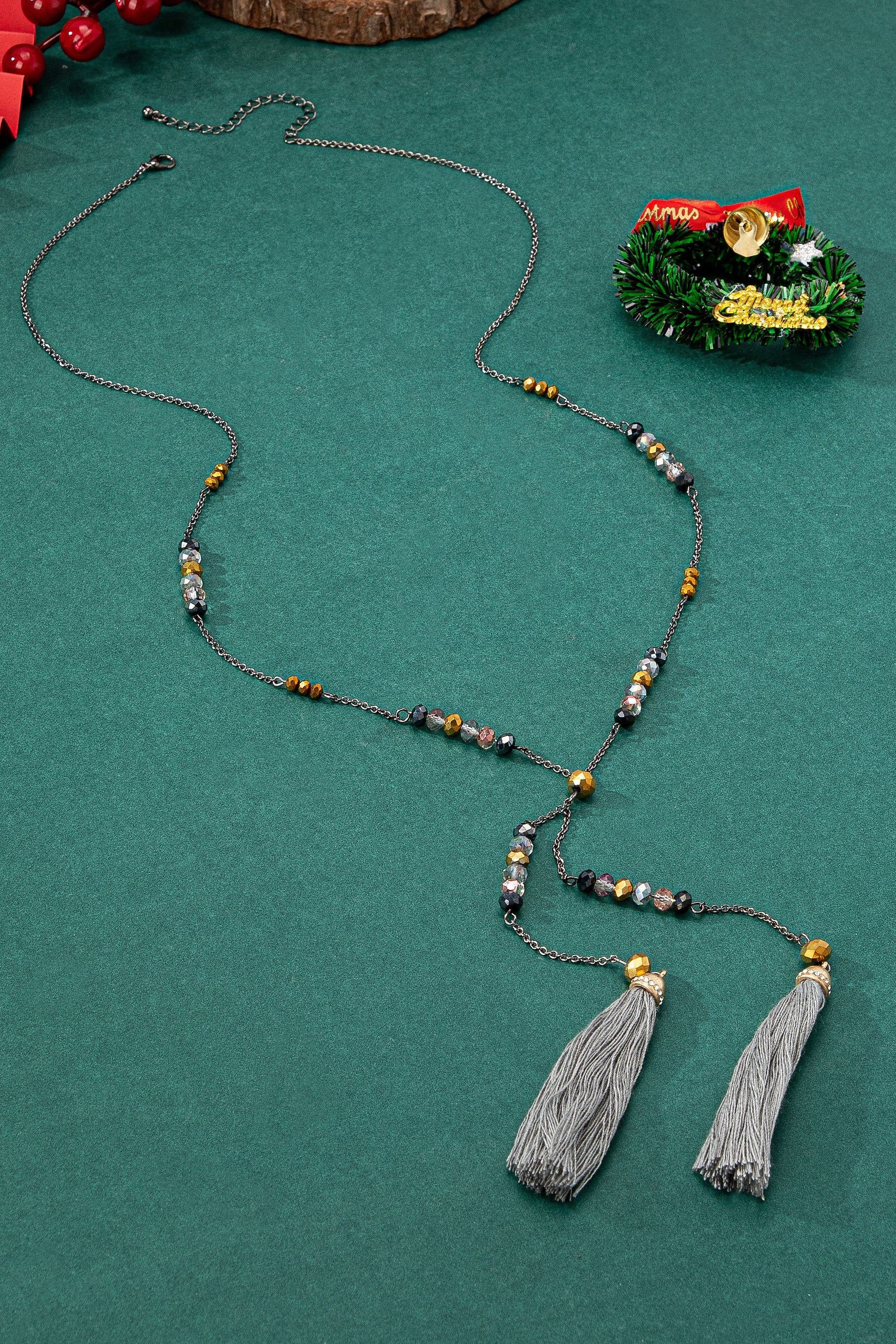 Long Beaded Necklace With Grey Tassels
