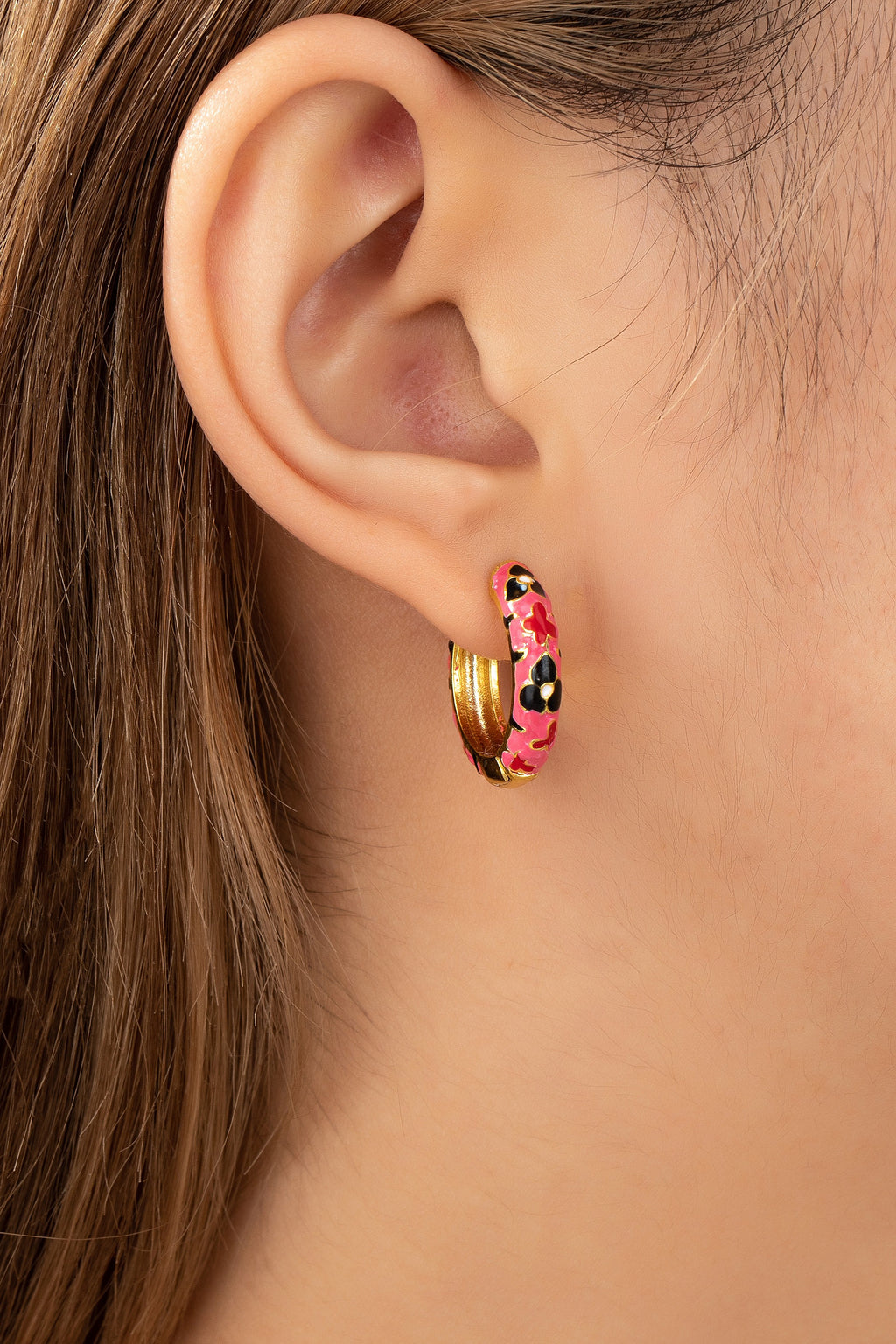 Red Flower Huggie Hoop Earrings