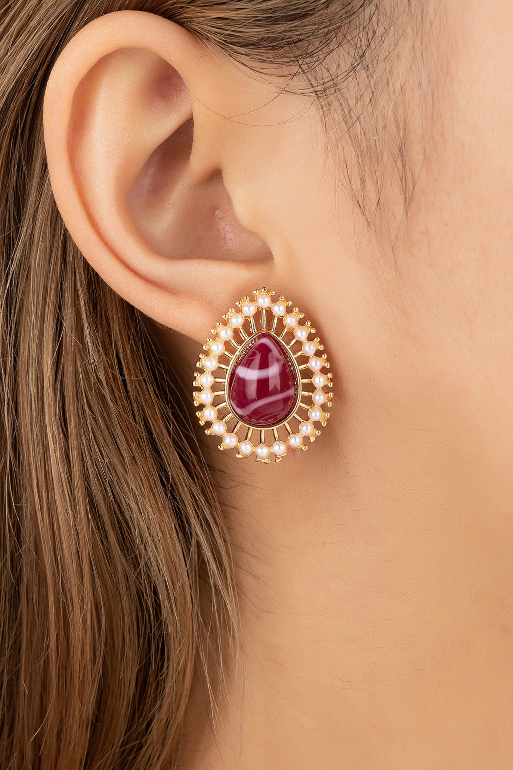 Deep Red Teardrop And Pearl Earrings