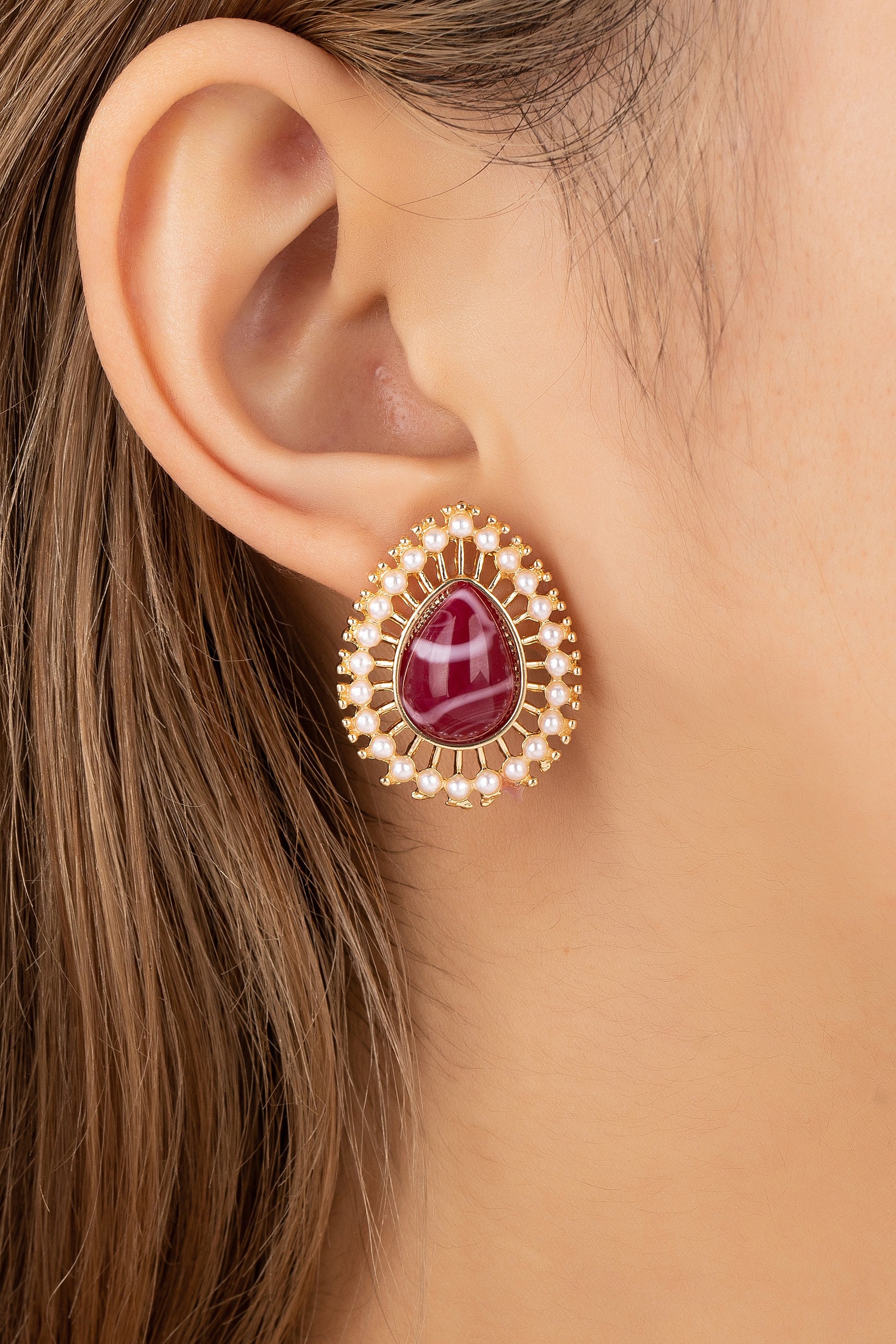 Deep Red Teardrop And Pearl Earrings
