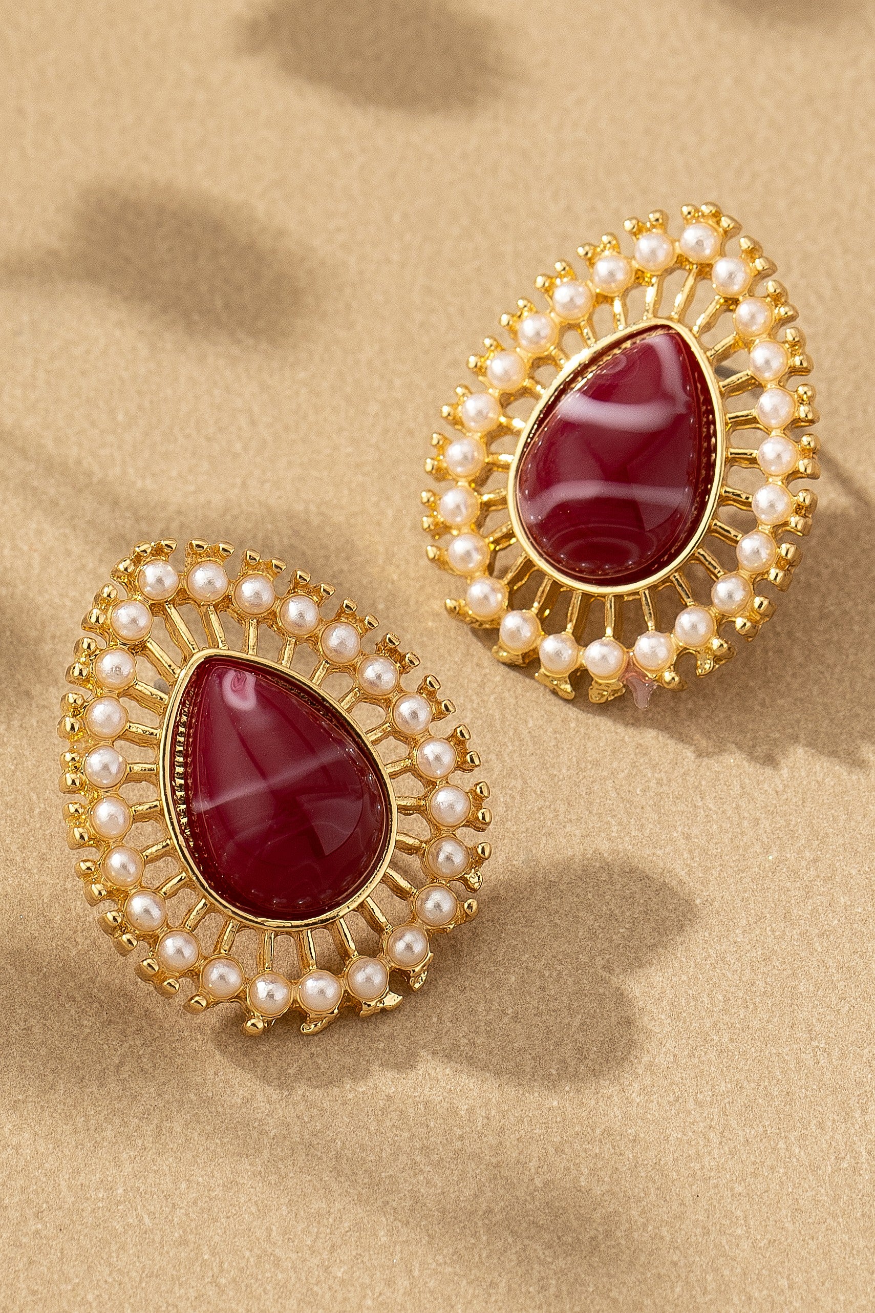 Deep Red Teardrop And Pearl Earrings