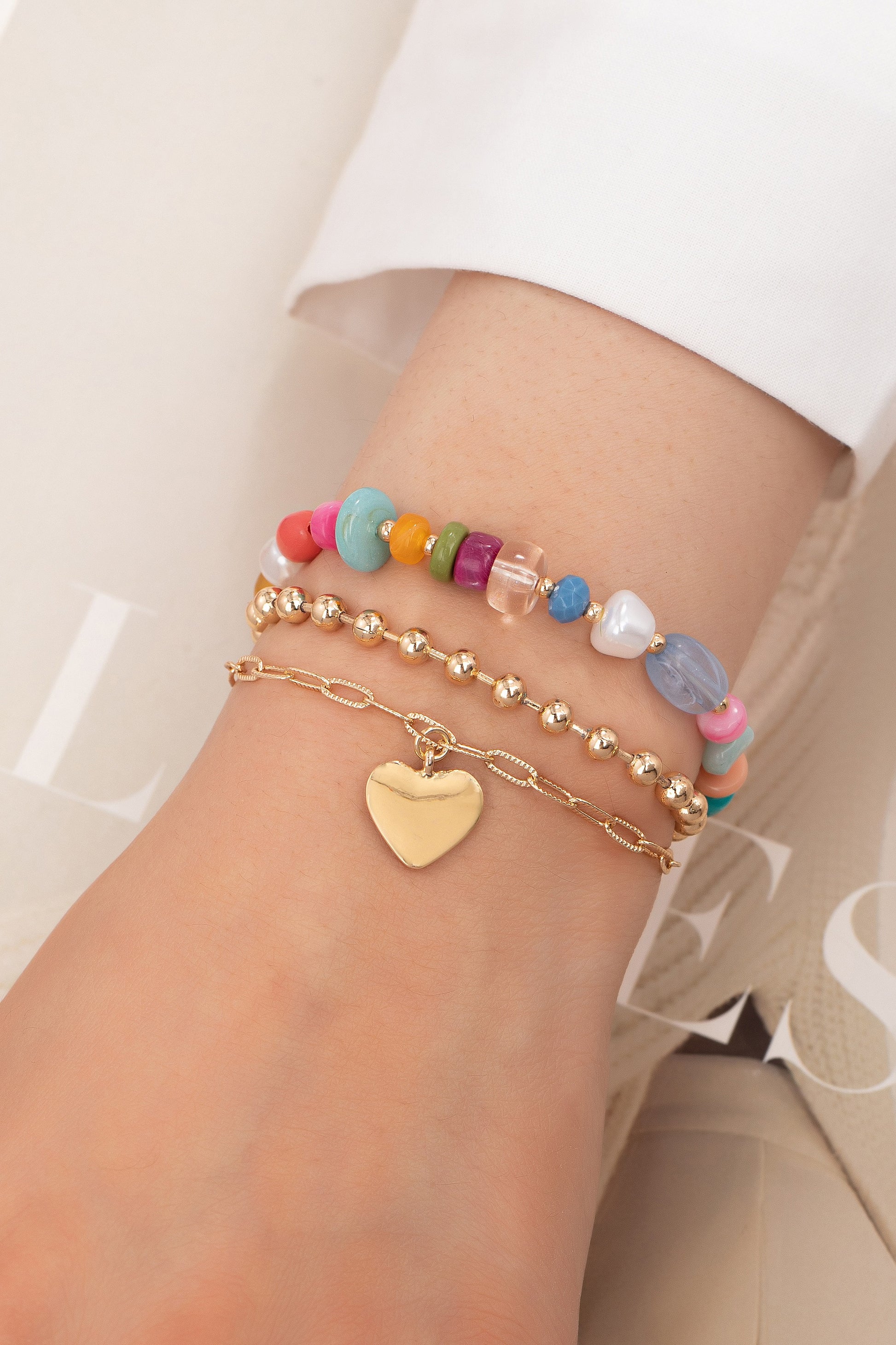 3 Layer Multi Color Bead Heart Charm Bracelet