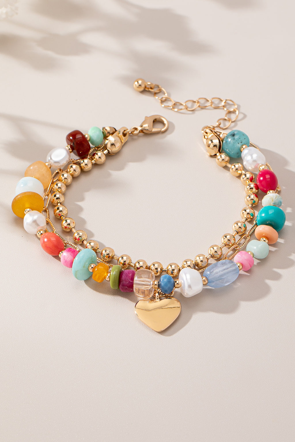 3 Layer Multi Color Bead Heart Charm Bracelet